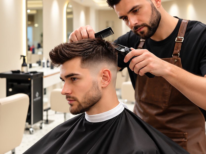 Smiling man with styled hair and a neatly trimmed beard in a bright salon
